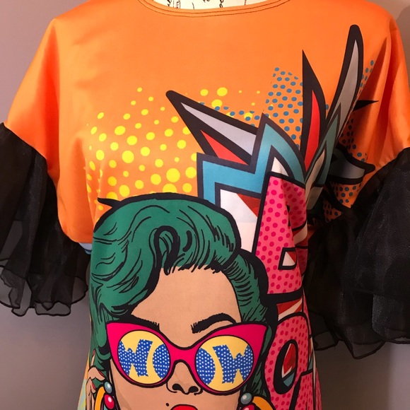 🎉HP🎉 Graphic Facial Print Mesh Sleeve Mini Dress - Picture 3 of 8